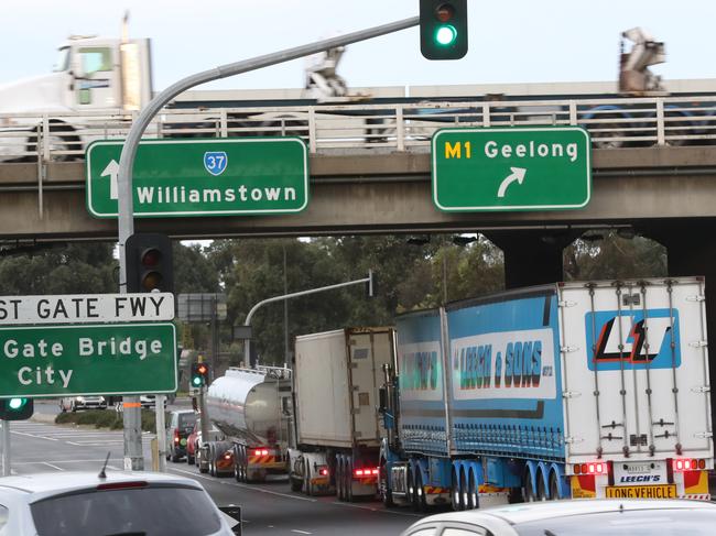 Trucks line up to get onto the Westgate freeway on Williamstown rd in Yarraville (Not many trucks coming in on Melb rd). Wednesday, July 4. 2018. Picture: David Crosling