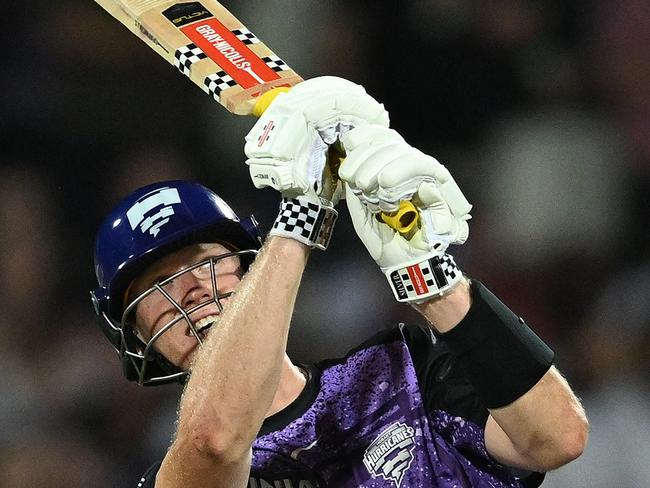 HOBART, AUSTRALIA - JANUARY 27: Mitch Owen of the Hurricanes hits a six during the BBL The Final match between Hobart Hurricanes and Sydney Thunder at Ninja Stadium on January 27, 2025 in Hobart, Australia. (Photo by Steve Bell/Getty Images)