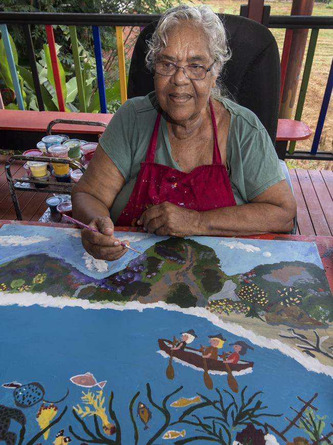 Dora Deemal with her Captain Cook art at Nganthanun Bamawi Bayan Gallery in Hopevale. Picture: Brian Cassey