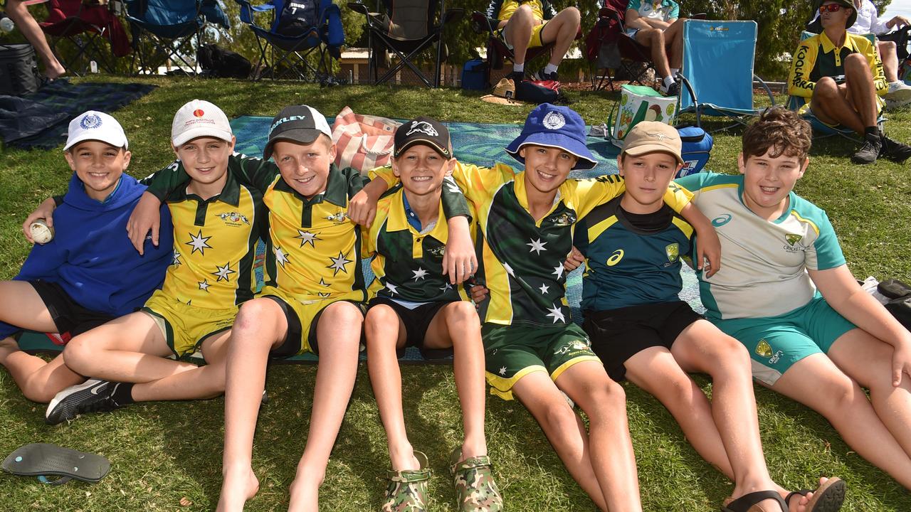 Game three of Dettol ODI series between Australia and Zimbabwe at Riverway Stadium. Gibson Westcott, 10, Callum Lindberg, 12, Sam Skuse, 12, Nate Groves, 10, Eli Groves, 12, Eamon Casey, 12, and Elliott Brown, 12. Picture: Evan Morgan