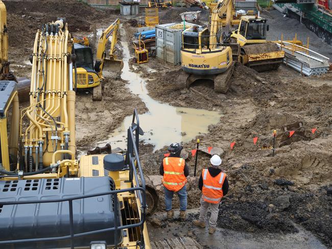 Workers on the site of a big housing build in Hawthorn. Picture: David Crosling