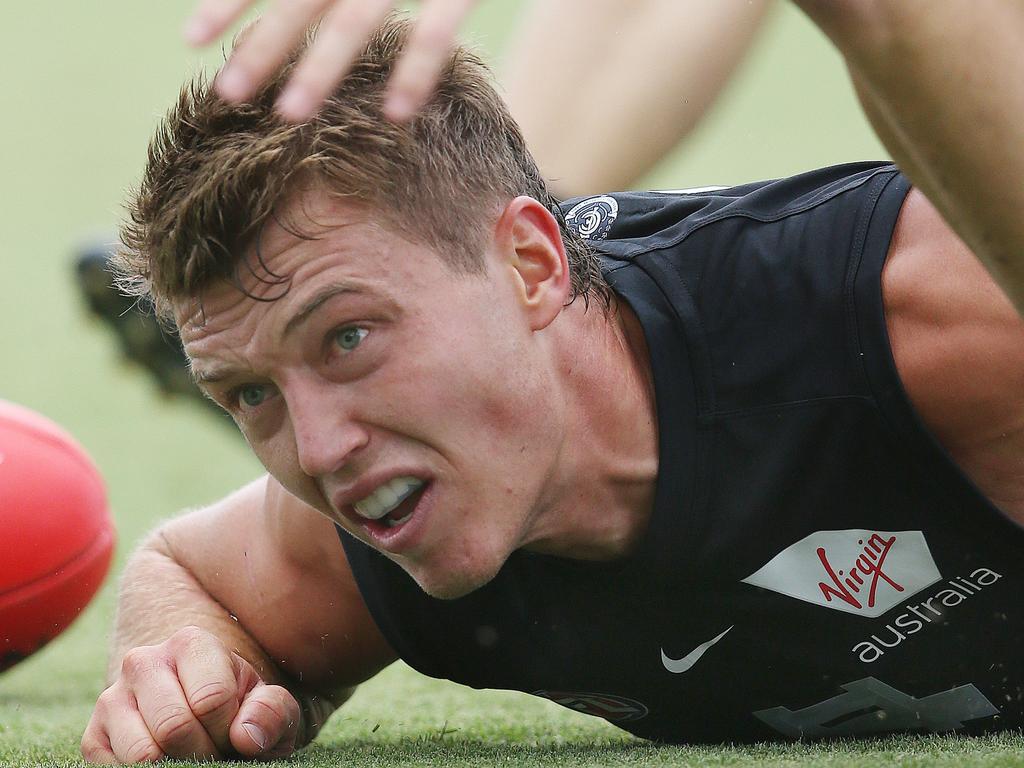 Collingwood vs Carlton at Morwell Recreational Reserve. 11/03/2019 .    Carlton's Patrick Cripps at the bottom of the pack   . Pic: Michael Klein