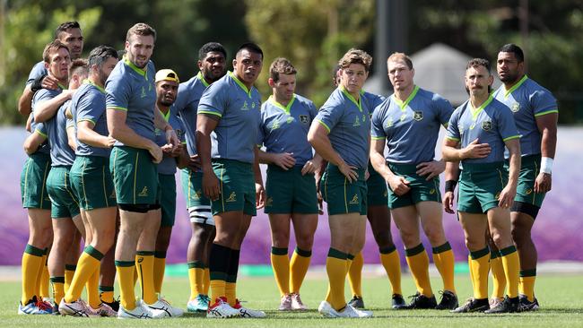 The Wallabies get together for the captain's run before their World Cup match against Wales.