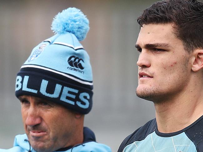 Andrew Johns and Nathan Cleary during NSW Blues State of Origin team training at Coogee. Picture. Phil Hillyard