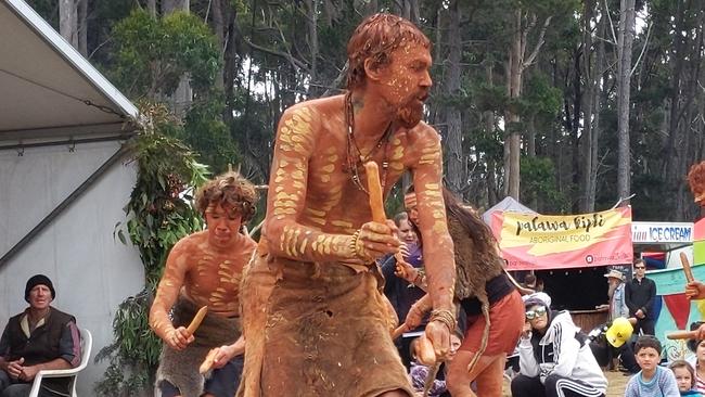 Craig Everett leads dancers at the opening ceremony of the Nayri Niara Good Spirit Festival held at Cloudy Bay on the March long weekend. Picture: AMANDA DUCKER