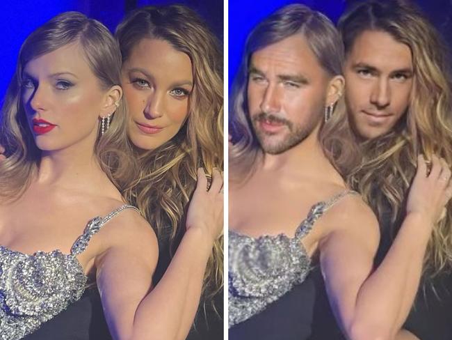 Ryan Reynolds has hilariously trolled Blake Lively and Taylor Swift's glam photo, superimposing his and Travis Kelce's faces onto the pic.