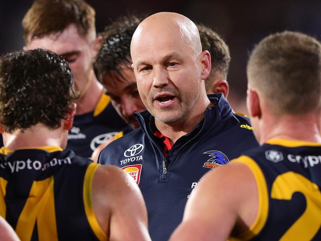 ADELAIDE, AUSTRALIA - JUNE 06: Matthew Nicks, Senior Coach of the Crows during the 2024 AFL Round 13 match between the Adelaide Crows and the Richmond Tigers at Adelaide Oval on June 06, 2024 in Adelaide, Australia. (Photo by Sarah Reed/AFL Photos via Getty Images)