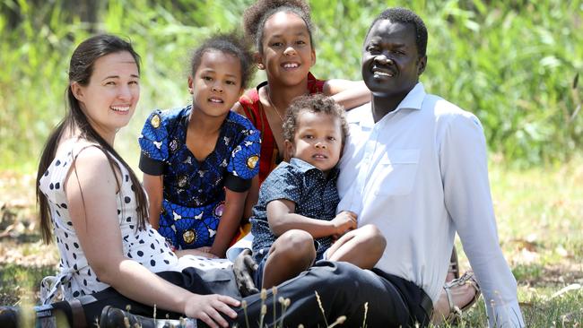 Kuol Baak with his wife Melanie and children Akon, Achol and Yuew. Picture: AAP / Dean Martin