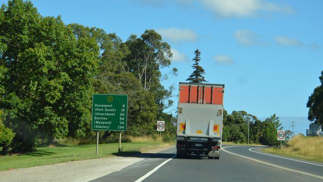 A truck cruises along the 80kmph section of the Tasmanian Bass Highway near Devonport.