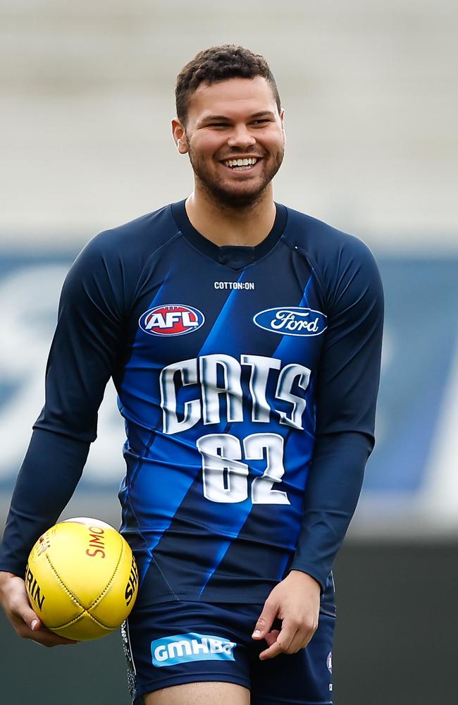 Brandan Parfitt has kept his smile strong at training. Picture: Dylan Burns/AFL Photos via Getty Images