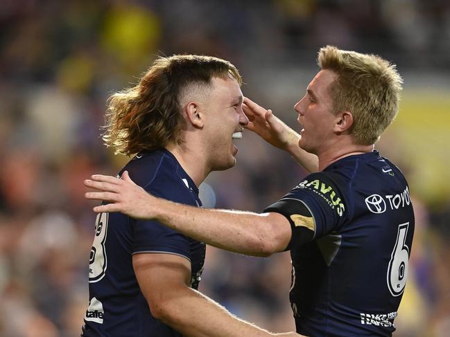 TOWNSVILLE, AUSTRALIA - JULY 06: Reuben Cotter of the Cowboys celebrates after scoring a try during the round 18 NRL match between North Queensland Cowboys and Manly Sea Eagles at Qld Country Bank Stadium, on July 06, 2024, in Townsville, Australia. (Photo by Ian Hitchcock/Getty Images)