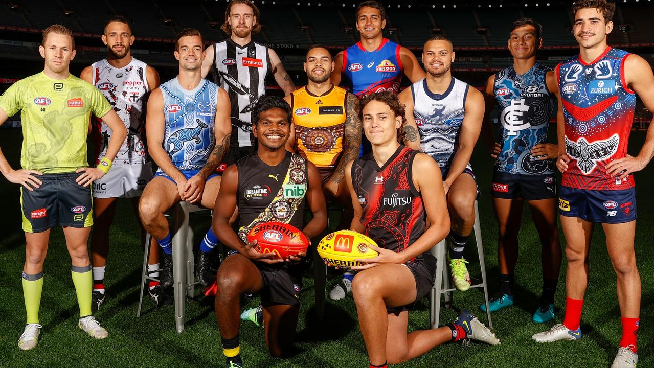 (from left) AFL field umpire Alex Whetton, St Kilda’s Ben Long, Kangaroo Jy Simpkin, Collingwood’s Jordan Roughead, Tiger Maurice Rioli jnr, Hawthorn’s Jarman Impey, Bulldog Jamarra Ugle-Hagan, Essendon’s Tex Wanganeen, Cat Brandan Parfitt, Carlton’s Jesse Motlop and Demon Toby Bedford are looking forward to Sir Doug Nicholls Round Picture: Getty Images