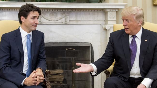 Donald Trump and Justin Trudeau during an Oval Office meeting in 2017. Picture: AFP