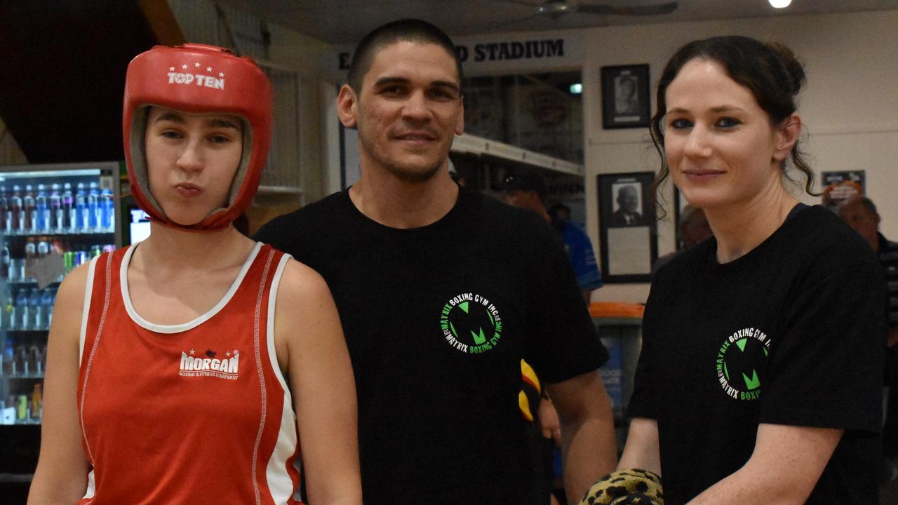 Matrix Boxing Gym's Emma McDonald, Warren Cootes and Amanda Cootes at the Reef 'n' Beef Fight Night, Bravus Arena, Rockhampton, on October 21, 2023.