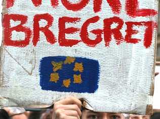 A man holds a message ''More Bregret,'' against Brexit  at Trafalgar Square in London on June 28, 2016, after Britain's vote to  leave the EU. The crowd weer marching to the Parliament to show their anger and opposition to the Brexit.  ( The Yomiuri Shimbun via AP Images ). Picture: Kaname Muto