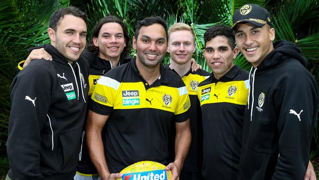 Xavier Clarke with Richmond’s indigenous players (from left) Shane Edwards, Daniel Rioli, Nathan Drummond, Tyson Stengle and Shai Bolton. Picture: Ian Currie