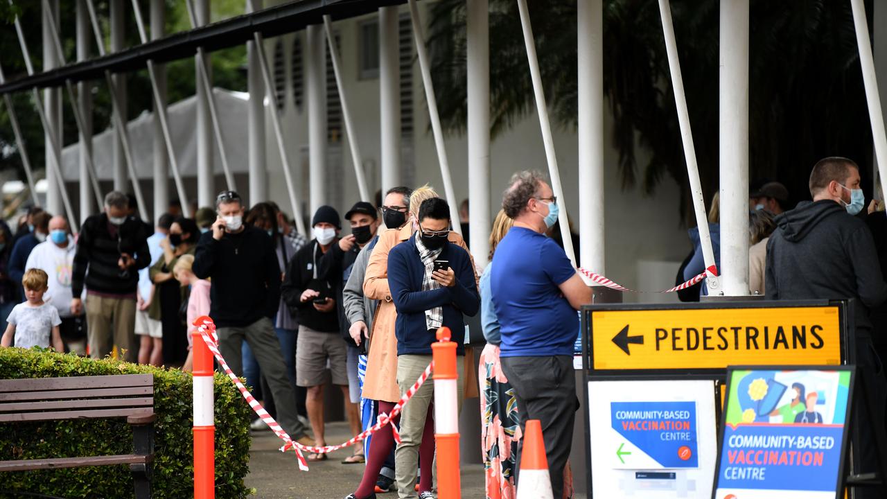 People line up outside a community COVID-19 vaccination centre in Capalaba, in Brisbane's east. Picture NCA NewsWire / Dan Peled