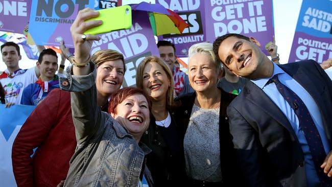 Marriage Equality Ambassadors and volunteers Virginia Edwards and her Partner Christine Forster, Professor Kerryn Phelps and her partner Jackie Stricker-Phelps and Alex Greenwich. Picture Kym Smith