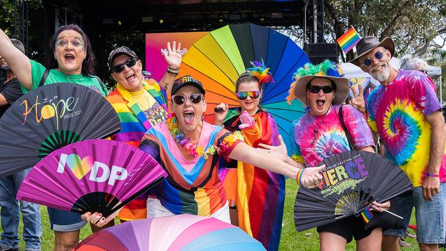 Belinda Thomas, Amber Sayers-Hunt, Kirsty Sayers-Hunt, Saige Sayers-Hunt, Karen Bridge and Corey Bridge at the Top End Pride march for 2023. Picture: Pema Tamang Pakhrin