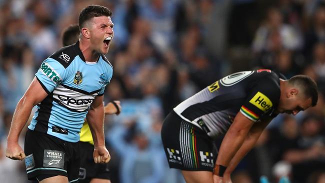 Sharks halfback Chad Townsend celebrates Cronulla’s semi-final win against the Panthers at Allianz Stadium. Picture: Getty Images