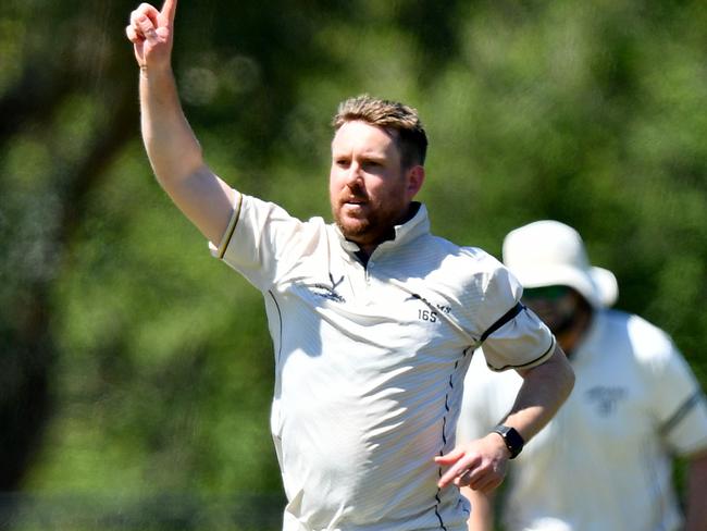 David King of Ringwood celebrates taking the wicket of Blake Macdonald of St Kilda during the Victorian Premier Cricket match between Ringwood and St Kilda at Jubilee Park, on October 26, 2024, in Melbourne, Australia. (Photo by Josh Chadwick)