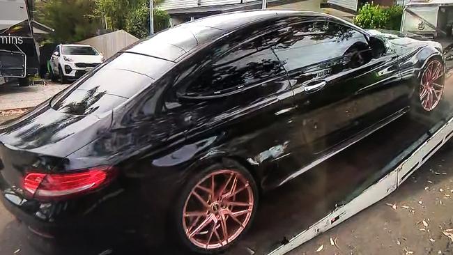 The Mercedes sedan that allegedly involved in a police pursuit that ended in Consul Rd at Narraweena after it was stolen from a home at Killara on Friday. Picture: 9News