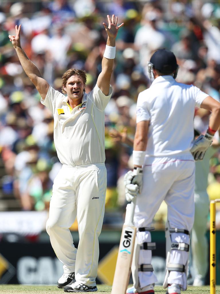 Shane Watson appeals for Joe Root’s wicket.