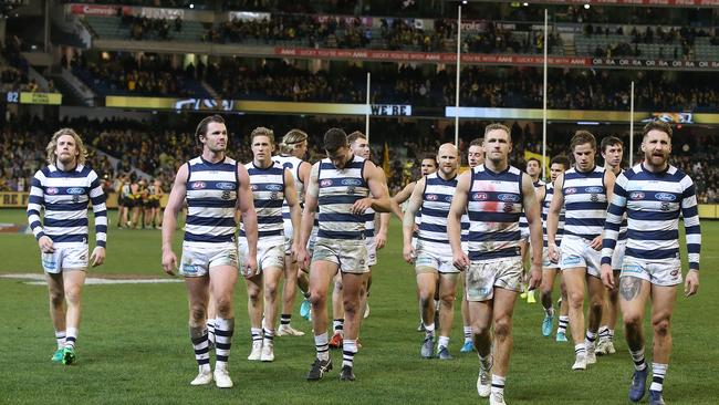 Geelong players leave the field after losing the Richmond at the MCG on Friday Picture: Michael Klein