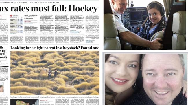 From left: A front page splash on The Australian about the elusive night parrot (top right) on a private charter to search for the night parrot, (bottom right) with fiance Tim Wessling.