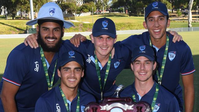 NSW Metro players named in team of the tournament, Back L-R: Harjas Singh, Raf McMillan, Ethan Jamieson, Front L-R: Joel Davies, Ryan Hicks, at Karen Rolton Oval 22 December, 2022, Cricket Australia U19 Male National Championships 2022-23.Picture: Cricket Australia.