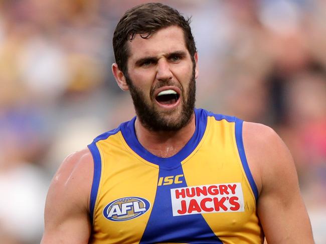 Jack Darling of the Eagles reacts after missing a goal  during the Round 19 AFL match between the West Coast Eagles and the North Melbourne Kangaroos at Optus Stadium in Perth, Saturday, July 27, 2019. (AAP Image/Richard Wainwright) NO ARCHIVING, EDITORIAL USE ONLY