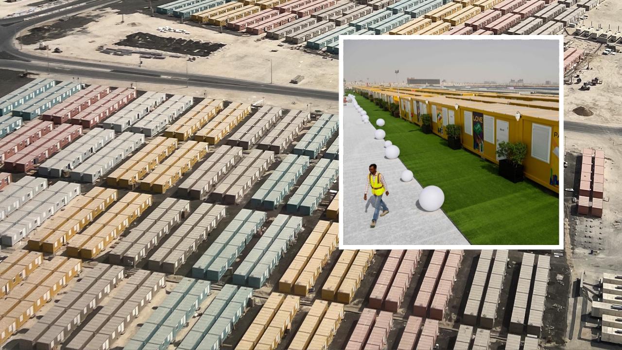 The Al-Emadi fan village in Doha and the site of Fan Village Cabins during construction. Photo: Kirill KUDRYAVTSEV / AFP and Lisa Fleisher/Bloomberg via Getty Images.