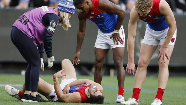 Christian Petracca was eventually taken from the field a second time. Pic: Michael Klein