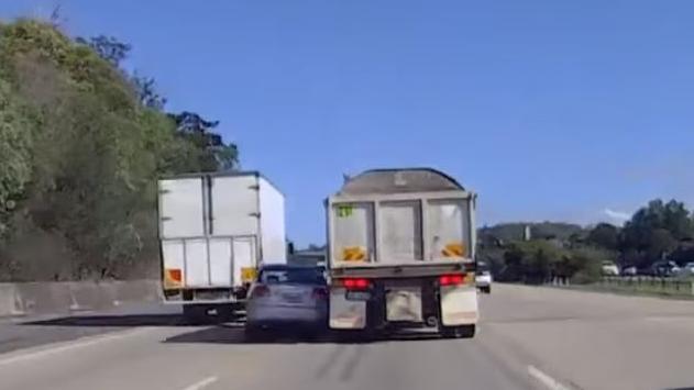 The car was merging lanes when it collided with the side of the truck. Picture: dashcam Owners Australia FB page