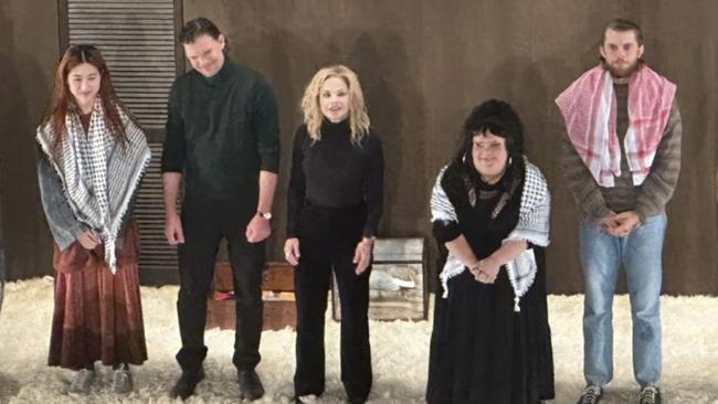 Harry Greenwood, right, along with co-stars Megan Wilding, second from right, and Mabel Li, left, wore keffiyeh scarfs during the encore at the opening night of the STC production of The Seagull at Sydney’s Roslyn Packer Theatre. Picture: Instagram