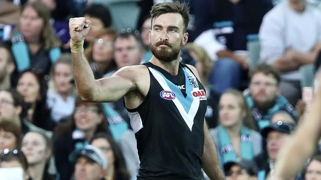 Charlie Dixon kicks a goal against Fremantle. Picture: Sarah Reed