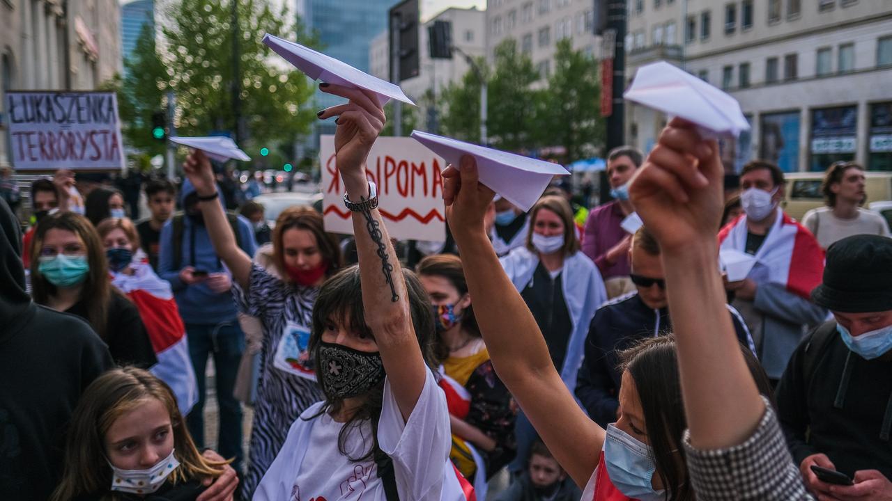 People protesting against Mr Protasevich’s detention in Warsaw, Poland today. Picture: Omar Marques/Getty Images