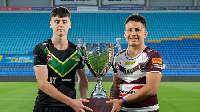 Helensvale's Baylen White and Burleigh's Nayte Saaga. Picture: Amy Jordee