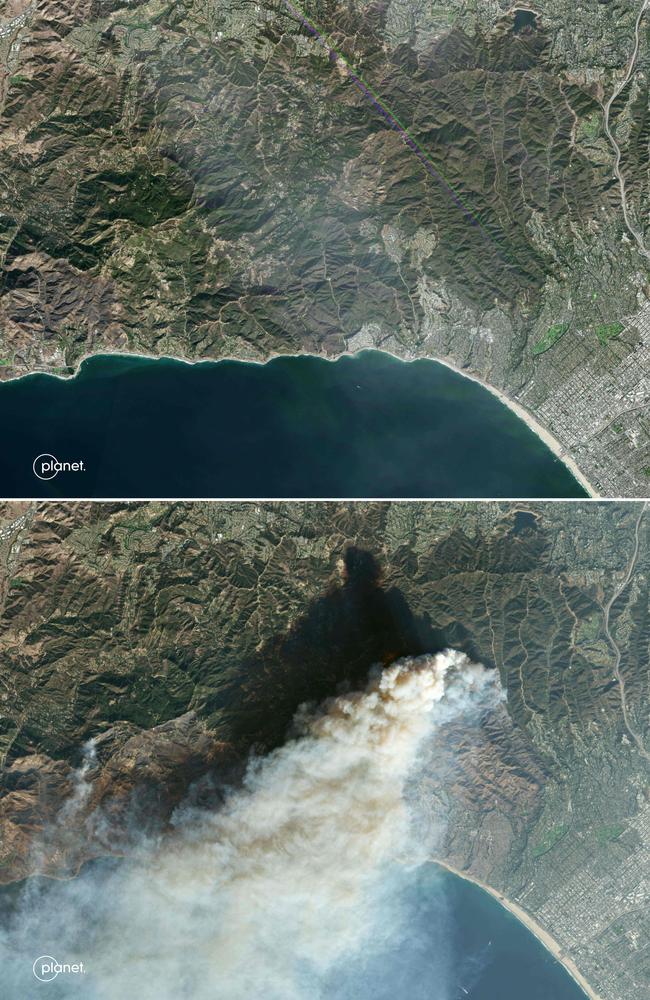 This combination of handout satellite images released by Planet Labs PBC shows an overview Pacific Palisades, a neighbourhood of Los Angeles, California prior to the impact of the Palisades Fire (top) on January 5, 2025 and during the fire (bottom). Picture: Planet Labs PBC / AFP