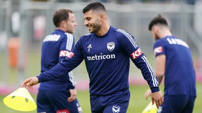 Andrew Nabbout is seen during a Melbourne Victory A-League training session at Goschs Paddock in Melbourne, Tuesday, June 16, 2020. The A-League season will resume on July 16 after the COVID-19 hiatus with a derby between Melbourne Victory and Western United at AAMI Park. (AAP Image/Michael Dodge) NO ARCHIVING