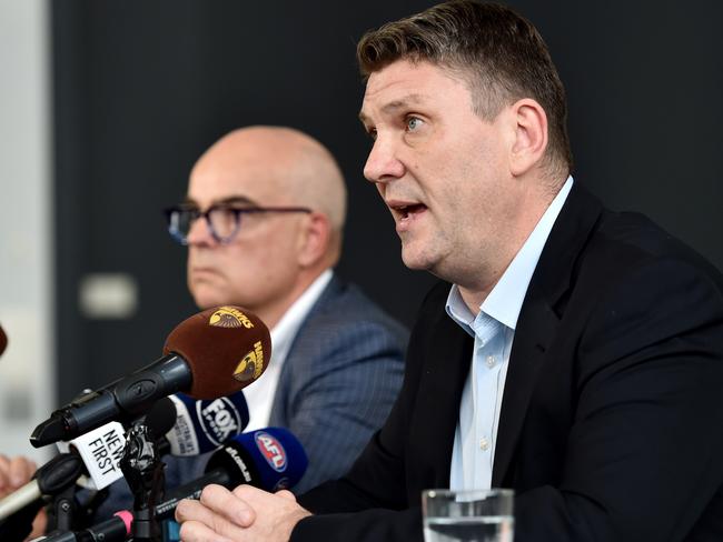 MELBOURNE, AUSTRALIA - NewsWire Photos SEPTEMBER 21ST, 2022: Hawthorn CEO Justin Reeves and Peter Nankivell speak to media at a press conference, Waverley Park,  Melbourne. Picture: NCA NewsWire / Nicki Connolly