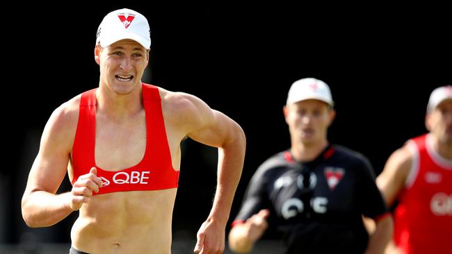 Jordan Dawson winning Sydney’s 2km time trial on the full squad’s first day of pre-season. Picture: Phil Hillyard