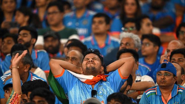 India fans react while watching the 2023 ICC Men's Cricket World Cup one-day international final match between India and Australia at the Narendra Modi Stadium in Ahmedabad. Picture: Punit Paranjpe / AFP