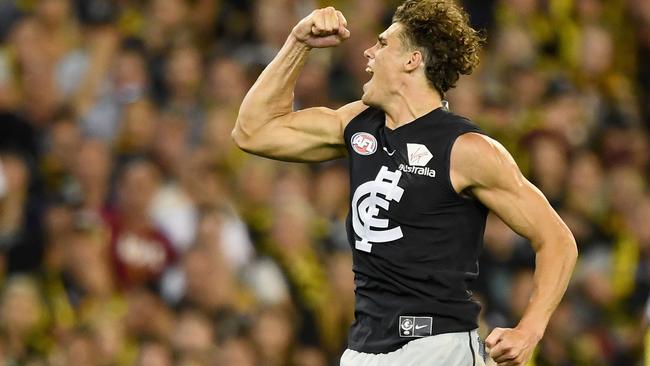 Young gun Charlie Curnow celebrates booting a goal for Carlton. Picture: Quinn Rooney/Getty Images