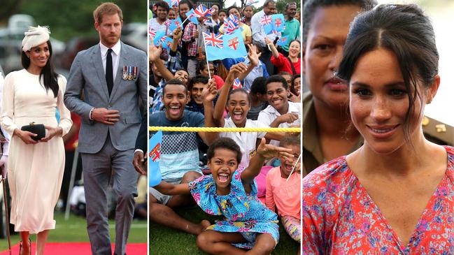 ROYAL TOUR FIJI 2018. The Duke and Duchess of Sussex Prince Harry and Meghan arrive at Albert Park in Suva to a traditional Fijian welcome. Pic Nathan Edwards.