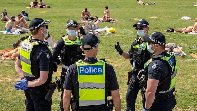 Victoria Police patrol at St Kilda. Picture: Getty