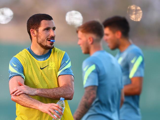 Mathew Leckie takes a break during Socceroos training in Dubai. Picture: Francois Nel/Getty Images