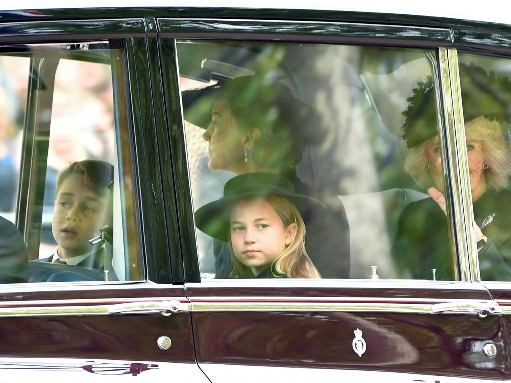 Prince George of Wales, Princess Charlotte of Wales, Catherine, Princess of Wales and Camilla, Queen Consort, were seen arriving together. Picture: Anthony Devlin/Getty Images