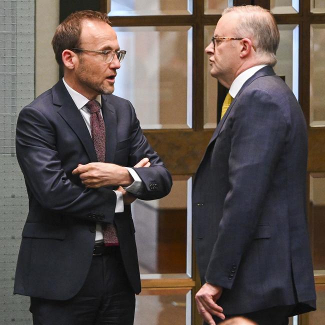 Leader of the Australian Greens Adam Bandt and Anthony Albanese during Question Time at Parliament House in Canberra. Picture: NCA NewsWire / Martin Ollman