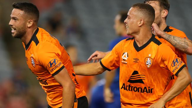 Brad Inman celebrates his super strike against the Jets. Picture: Getty Images